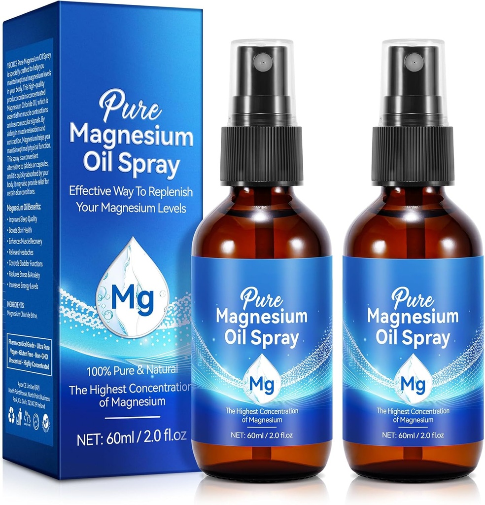 Magnesium Spray 2 Packung, Magnesiumöl für Füße, Körper, Haut, Schlaf, Muskelentspannung, 100% reines natürliches topisches Magnesiumöl Spray, leicht zu absorbieren