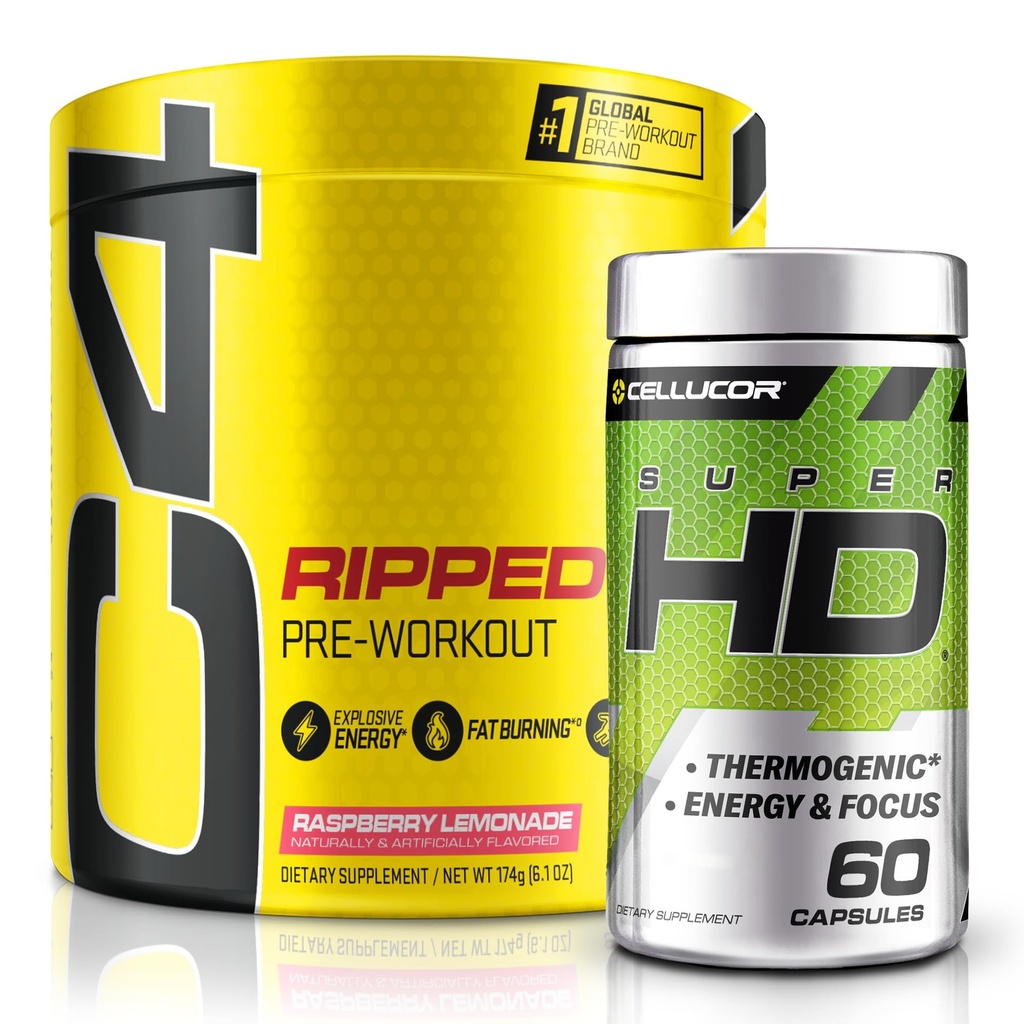 C4 Ripped & SuperHD, The Thermogenic Bundle, C4 Ripped Pre Workout Powder, Raspberry Lemonade 30 Servierungen + SuperHD mit Capsimax und Green Tea Extract, 60 Portionen