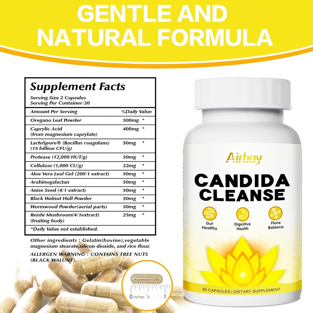 Airboy Candida Cleanse,Gut Colon Cleanse Detox für Damen und Herren,Candi Unterstützung mit Oregano Blatt, Caprylic Acid,Wormwood, Black Walnut-60 Counts