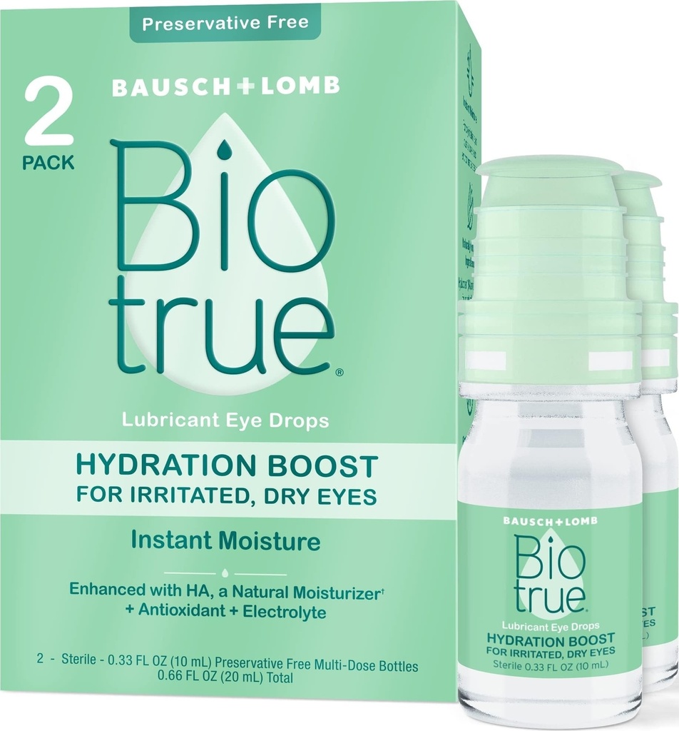 Biotrue Hydration Boost, Konservierungsfreie Augentropfen für trockene Augen, Instant Moisturizes, Rehydrates, Kontaktlinsen freundlich, Refresh & Relieve Eye Irritation, 0.33 FL Oz (Pack von 2)