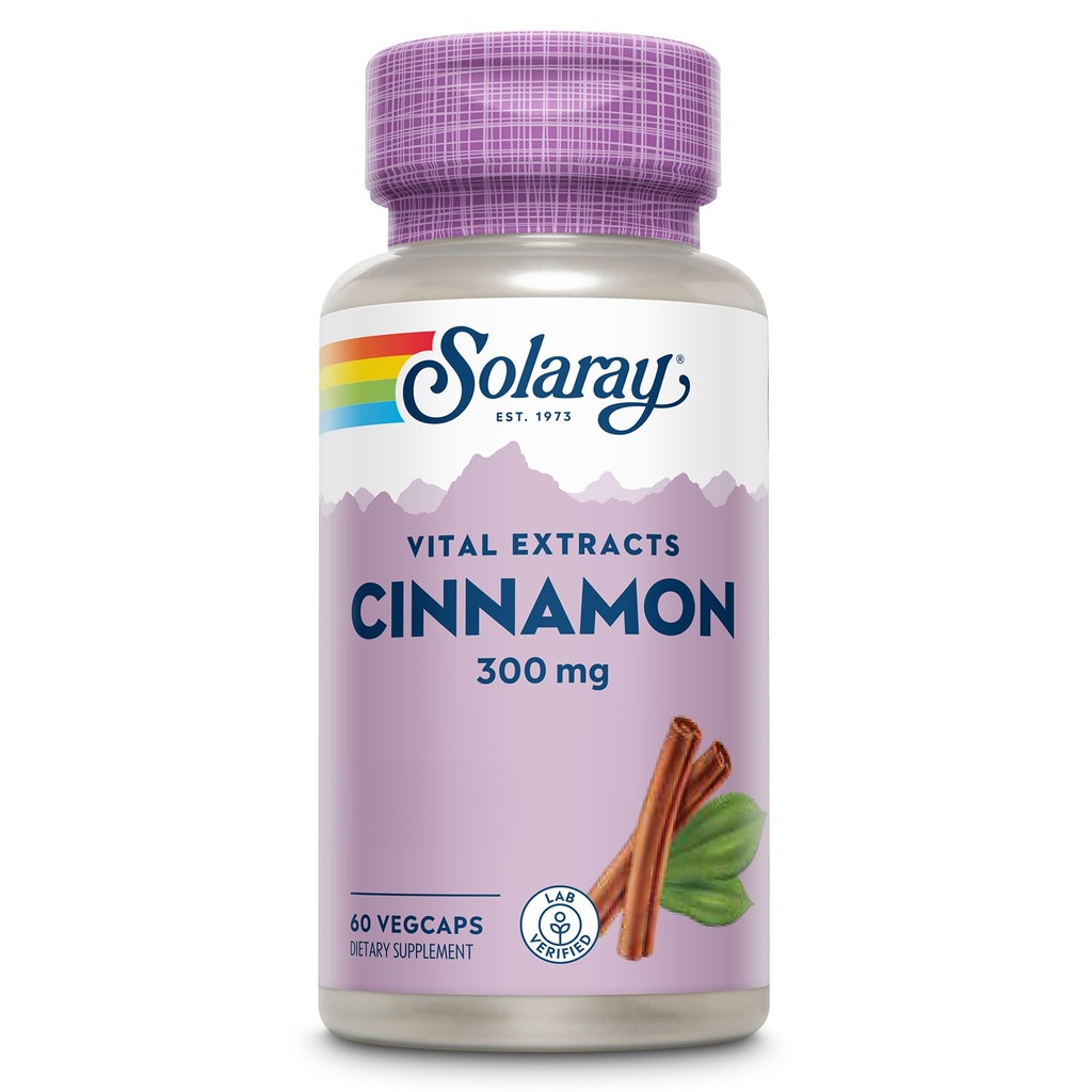 SOLARAY Cinnamon Extract 300mg - Zimt-Ergänzungen für Balance - Kräuter-Unterstützung mit 24mg Flavonoids - Lab Verifiziert, Glutenfrei, 60-Tage Garantie - 60 Servietten, 60 VegCaps