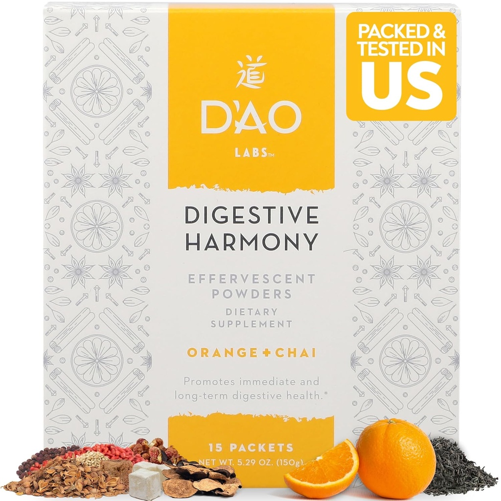 D'AO Labs Digestive Harmonie - Organische Verdauungsenzyme - Traditionelle chinesische Kräuter & Chai-Pulver - Orange-Chai Flavor - Reservieren Harmony Decoction (Bao He Wan) - 15 individuelle Servierungen