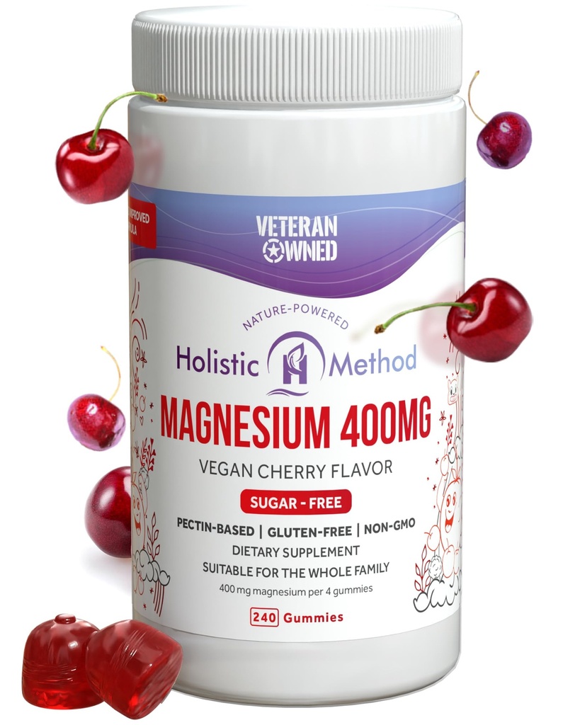 Magnesium Citrate Gummis - Zuckerfrei, Vegan und Non-GMO für bessere Schlaf und Entspannung - Kein Zuckeralkohol - Magnesium Supplement für Erwachsene, Jugendliche und Kinder - Kirsche - 240 Chews