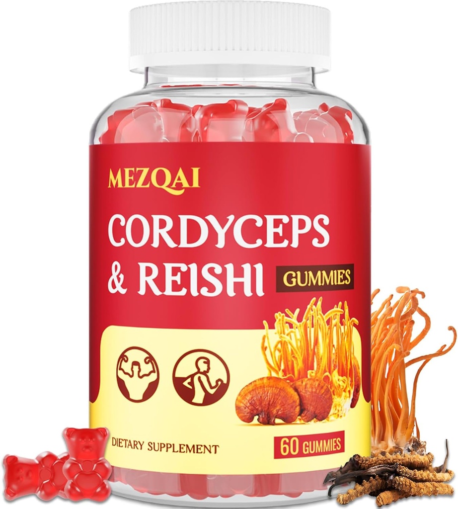 Pilz-Gummien, Cordyceps Reishi Pilz-Ergänzung Gummi für Erwachsene mit Grüner Tee-Extrakt, Gehirn-Ergänzungen für Gedächtnis und Fokus, Energie, Sportliche Leistung*, Rest - 60 Count