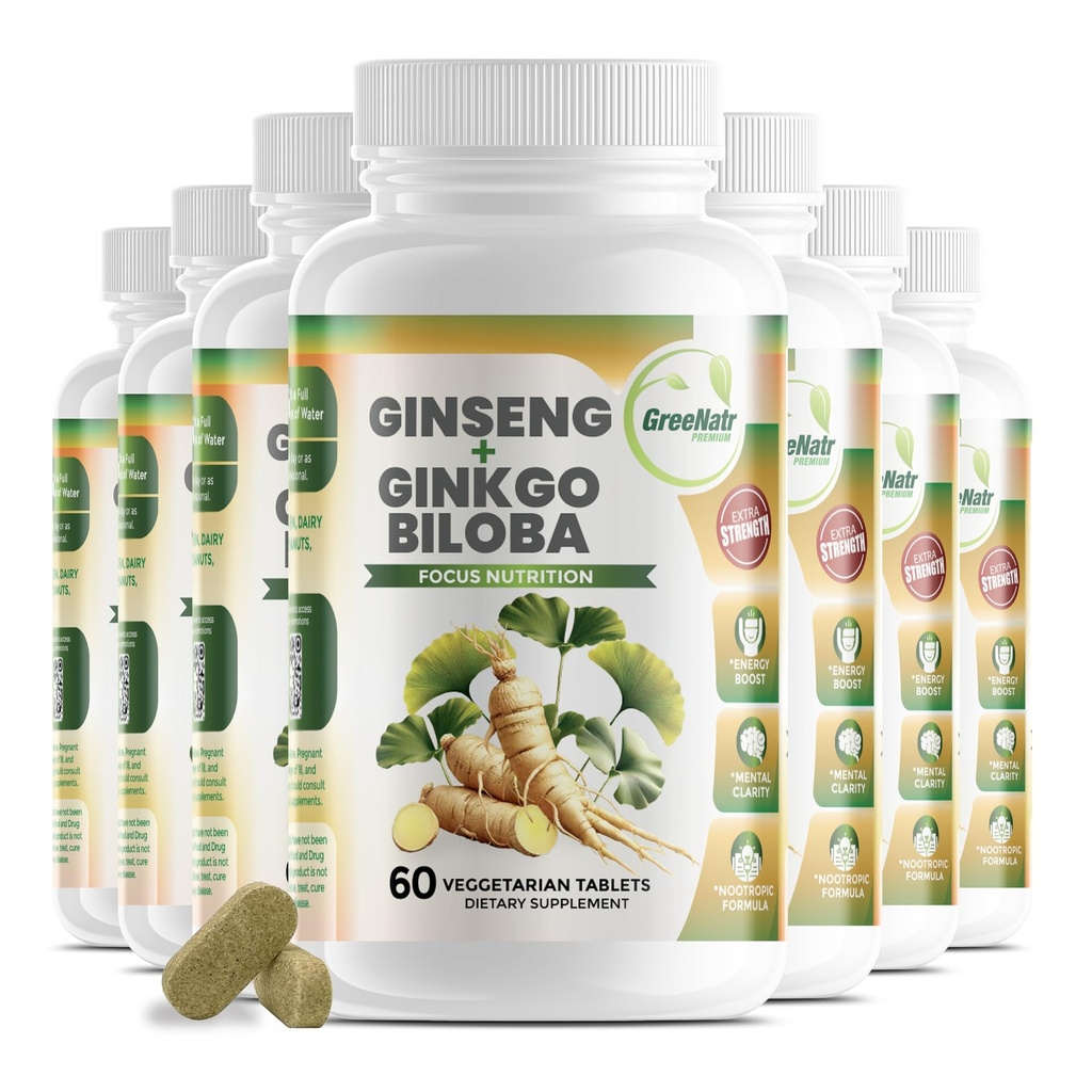 GreeNatr Ginko Biloba & Panax Ginseng Supplement - Red Ginseng Brain Supplement für Gedächtnis und Fokus - Ginkgo Biloba Ergänzungen für gute Vision, Immunsystem und verbesserten Blutfluss - 12 Flaschen