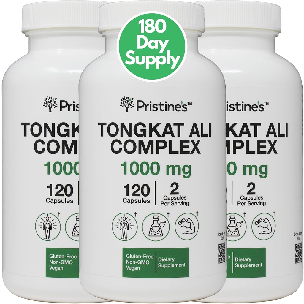 PRISTINE's Tongkat Ali 1000mg 180 Day Supply (3 Pack) - Athletic Performance Support - Lean Mass Muscle Building Herbal Supplement für Männer und Frauen - Vegan, Glutenfrei, Non GMO