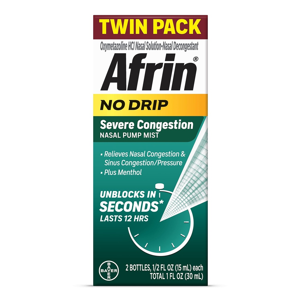 Afrin No Drip Severe Congestion Nasal Mist Twin Pack, Non-Drowsy, Fast-Acting Decongestant für Nasal Congestion und Sinus Druckentlastung, Erwachsene und Kinder 6 und älter, .5 fl oz (Pack von 2)