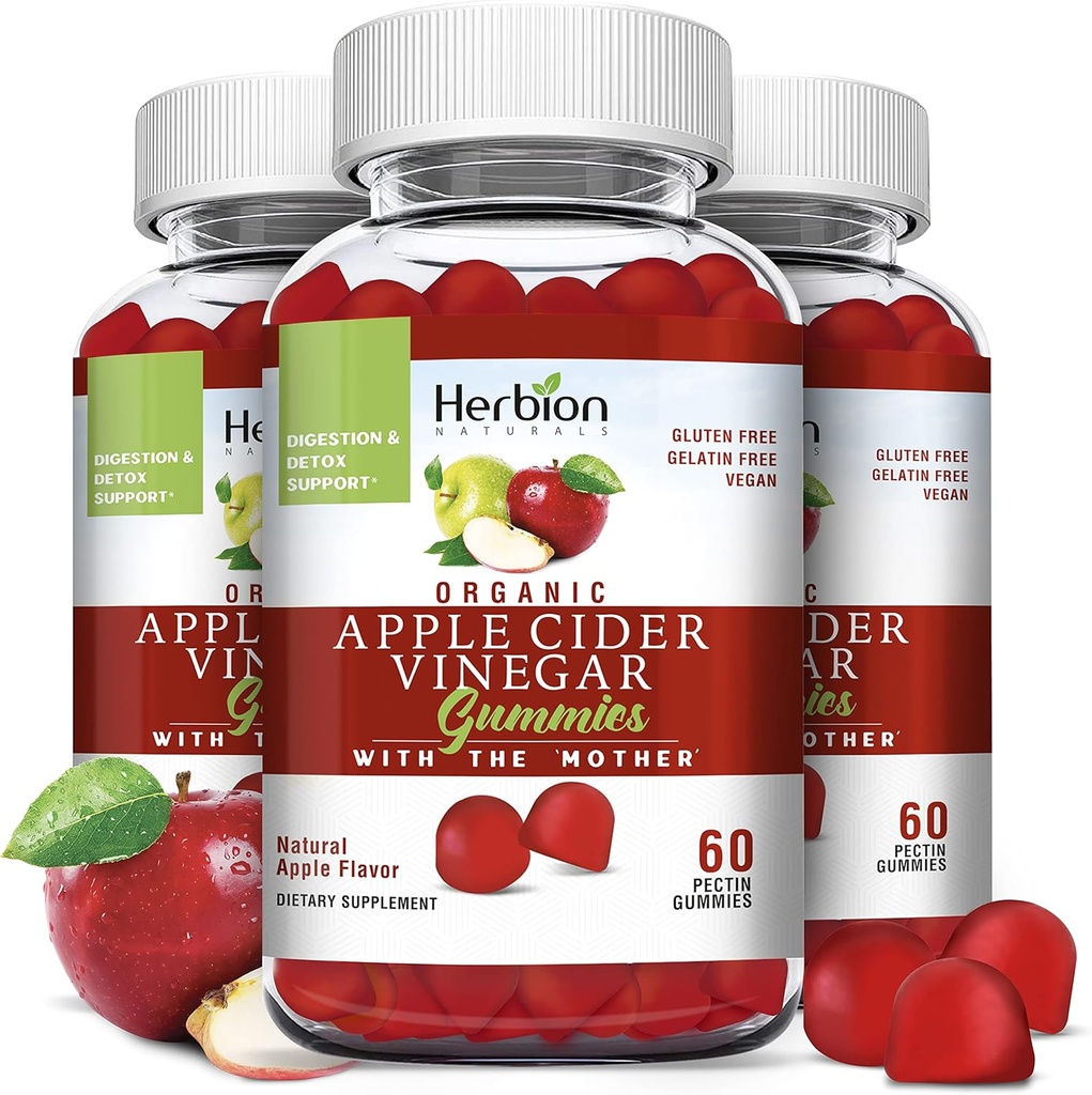 HERBION Naturals Organic Apple Cider Essiggummis mit der “Mutter”, Digestion and Detox Support, Pectin Based, Vegan, Made in the USA - (Pack of 3, 180 Gummies)