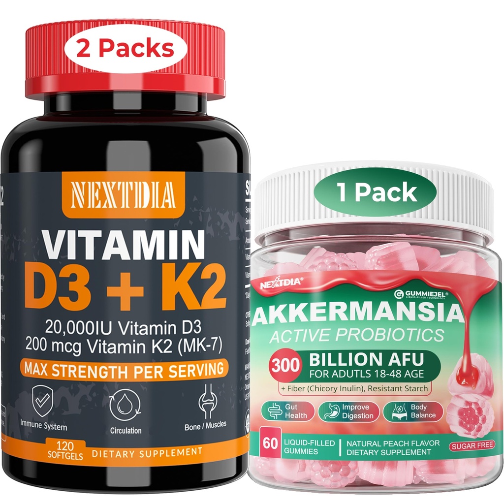 Vitamin D3 20.000 IU + K2(MK7) 200mcg Softgels + Akkermansia Probiotics Gummis mit Prebiotics Fiber