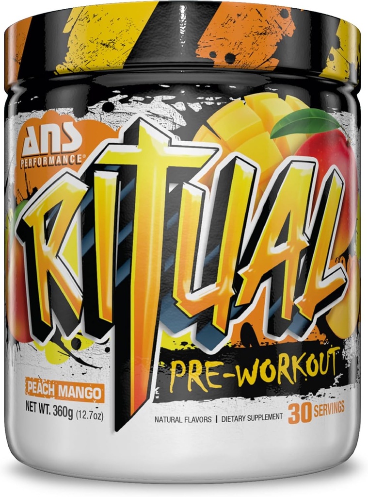 ANS Performance Ritual Pre Workout (30 Servings, 12.7 oz) - Komplette Preworkout-Formel - Energie, Fokus, & Stärke - Steigerung der Leistung & Workout Volumen - Endurance & Stamina (Peach Mango)