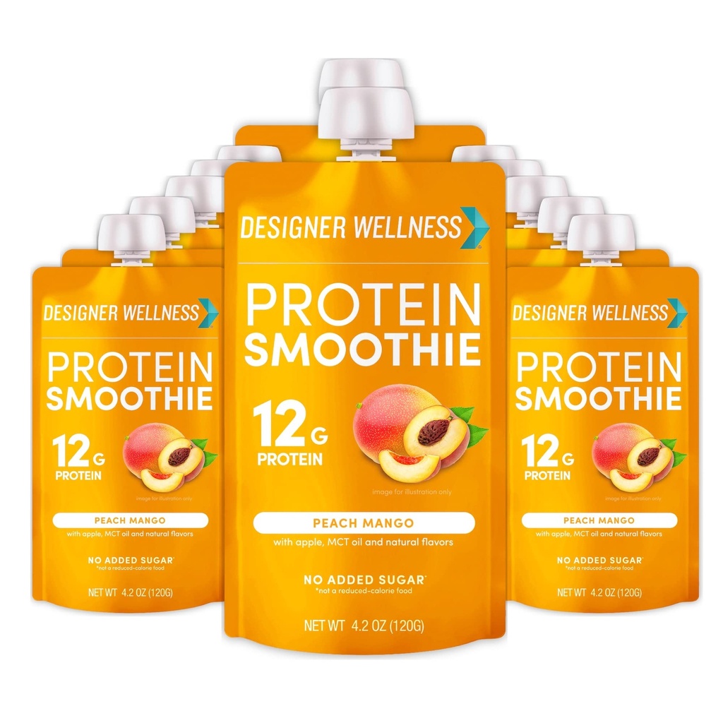 Designer Wellness Protein Smoothie, Real Fruit, 12g Protein, Low Carb, Zero Added Sugar, Gluten-Free, Non-GMO, Keine künstlichen Farben oder Flavors, Peach Mango, 12 Count