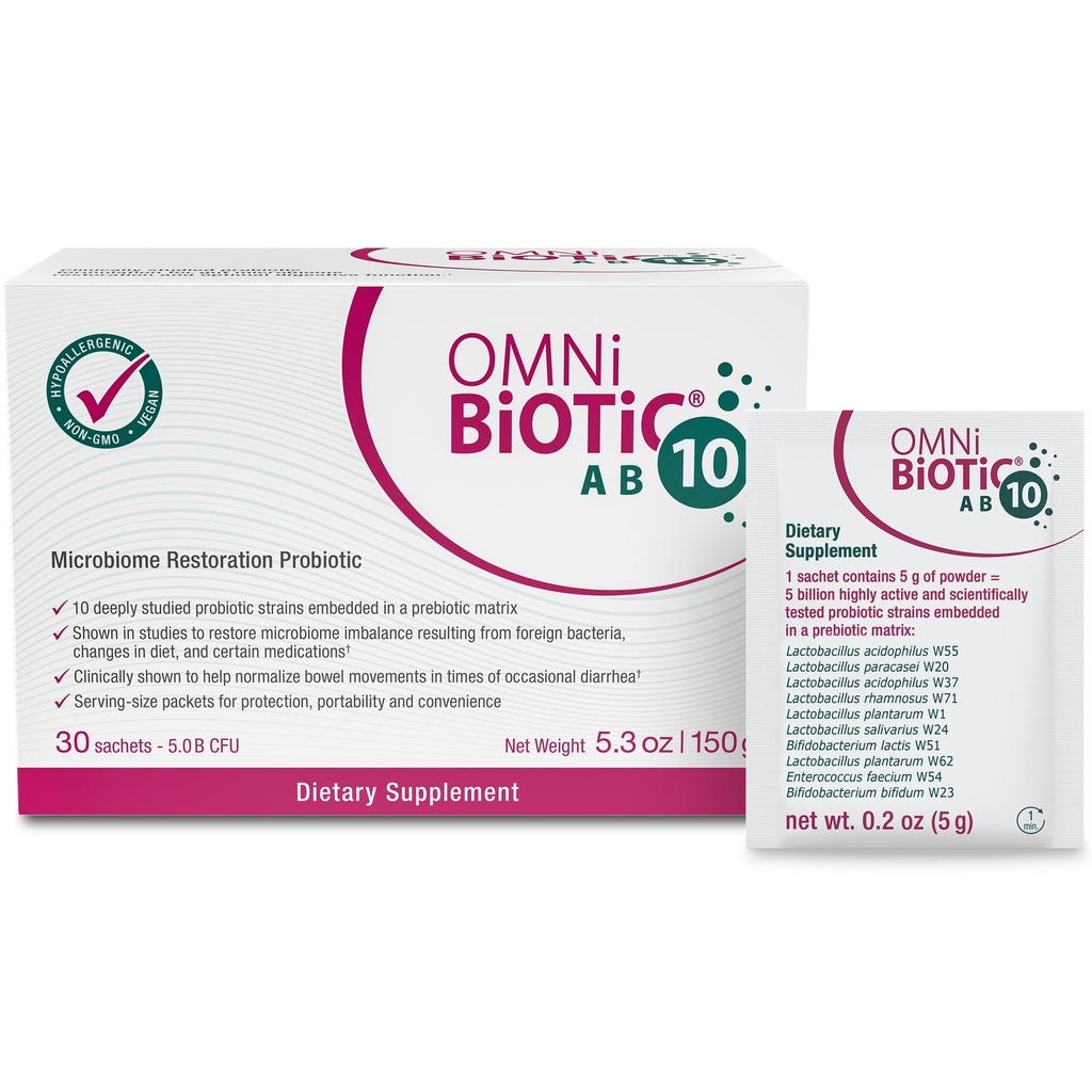 OMNi BiOTiC AB 10 - Klinisch getestete restaurative Probiotic - Unterstützt und Restaurationen Gut Flora & Digestion - Verdauungsprobiotikum für Durchfall - Vegan, Allergiker, Non-GMO (30 Tagespakete)