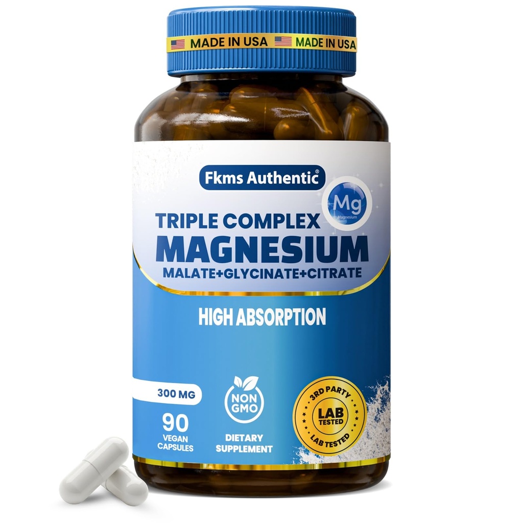 FKMS Authentic Triple Magnesium Complex 300mg Supplement – Chelated Magnesium Glycinate, Malate & Citrate for Sleep, Stress, Muscle & Leg Cramps – High Absorption – Vegan, Non-GMO – 90 Capsules