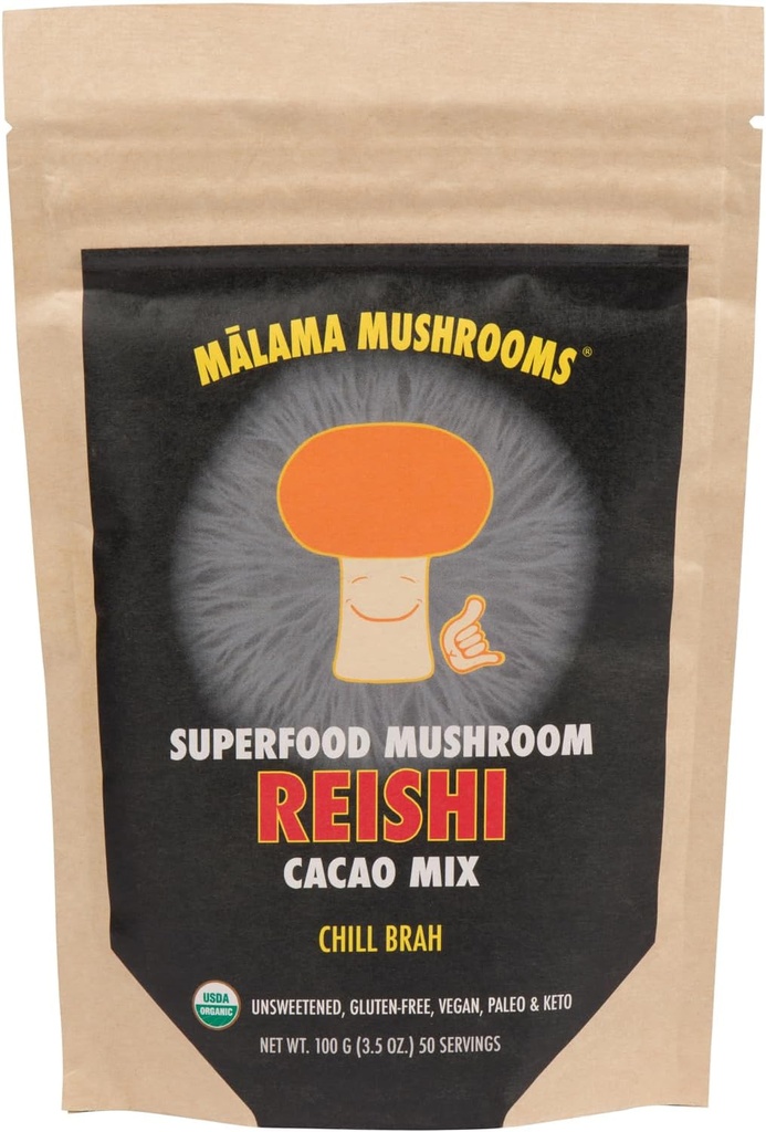 Malama Bio Pilz Hot Cacao Mix, Reishi Pilzpulver mit fairem Handel Cacao für Immununterstützung & Entspannung – Vegan Supplement & Superfood, Non GMO, 3.5 Unze (50 Servierungen)
