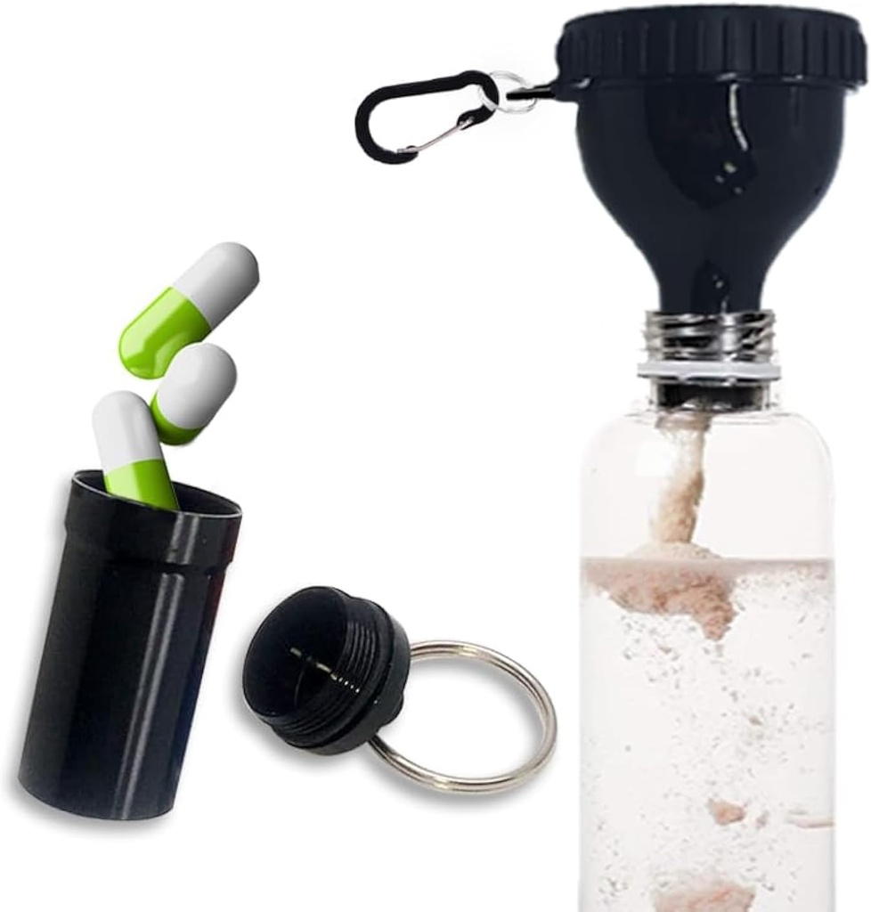 Protein-Pulver-Container zu gehen Funnel mit Aluminium Alloy Mini Pocket Pill Box und Carabiner Clip Supplement Funnel mit Kappe für Wasserflasche Vor Workout Gym Mini Travel Funnels Shaker Cup