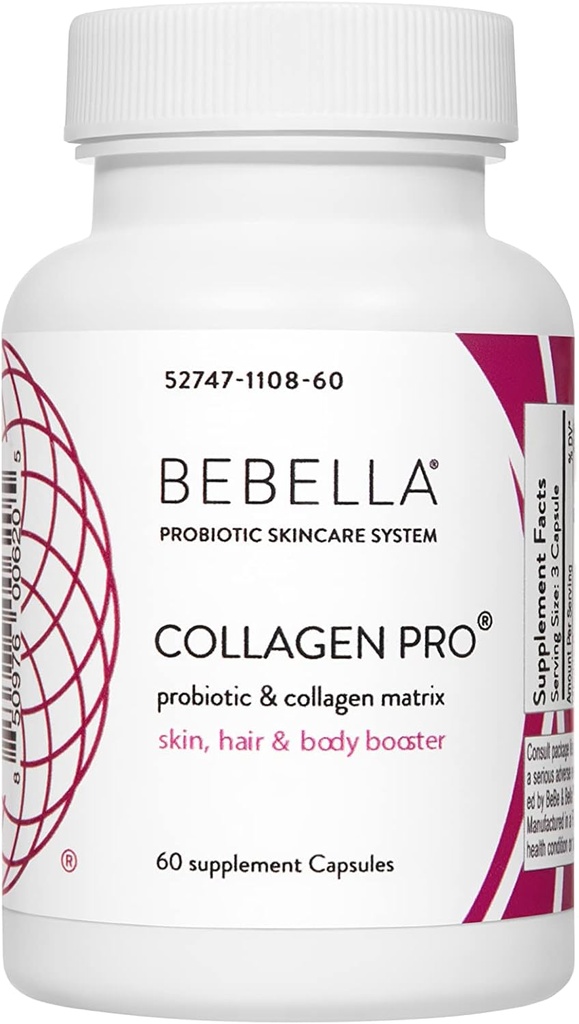 Bebella Collagen Pro-Probiotics & Collagen Peptide I Verbessern Gut & Skin Barrier Reduziert Entzündung, Unterstützt gesunde Haut, Haare & Nägel w/Zinc VIT C Hyaluronsäure 60 Kapseln