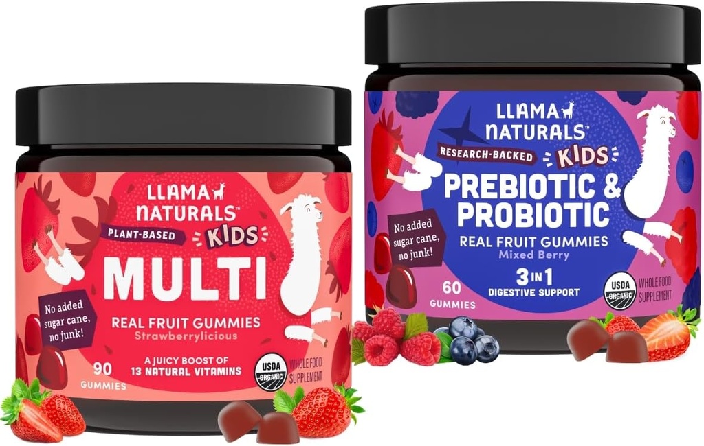 Llama Naturals Kinder Multivitamin und Probiotika und Präbiotika Bundle, Vegan, Bio Gut Gesundheit und Immun Unterstützung Gummie, Echte Frucht Gummy Vitamine, keine hinzugefügt Zuckerrohr, 2 Flaschen, 30 Tage Versorgung