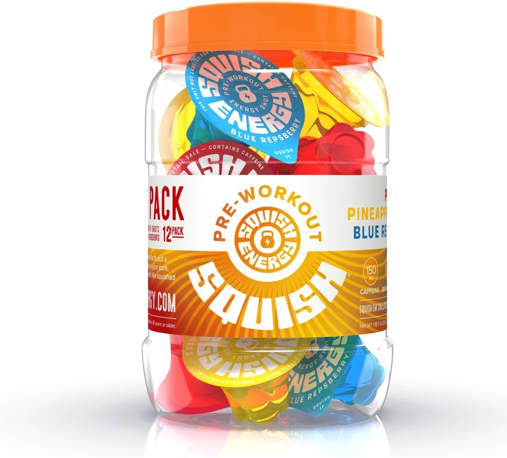 Squish Pre Workout Energy Shots, Beta-Alanin, Citrulline, Koffein, L-Theanin, Alpha-GPC, Pflanzenbasierte Inhaltsstoffe Unterstützung und Verbesserung Workouts, Blue Repsberry, Ananas Press, PR Punch, 12 ct. Jar
