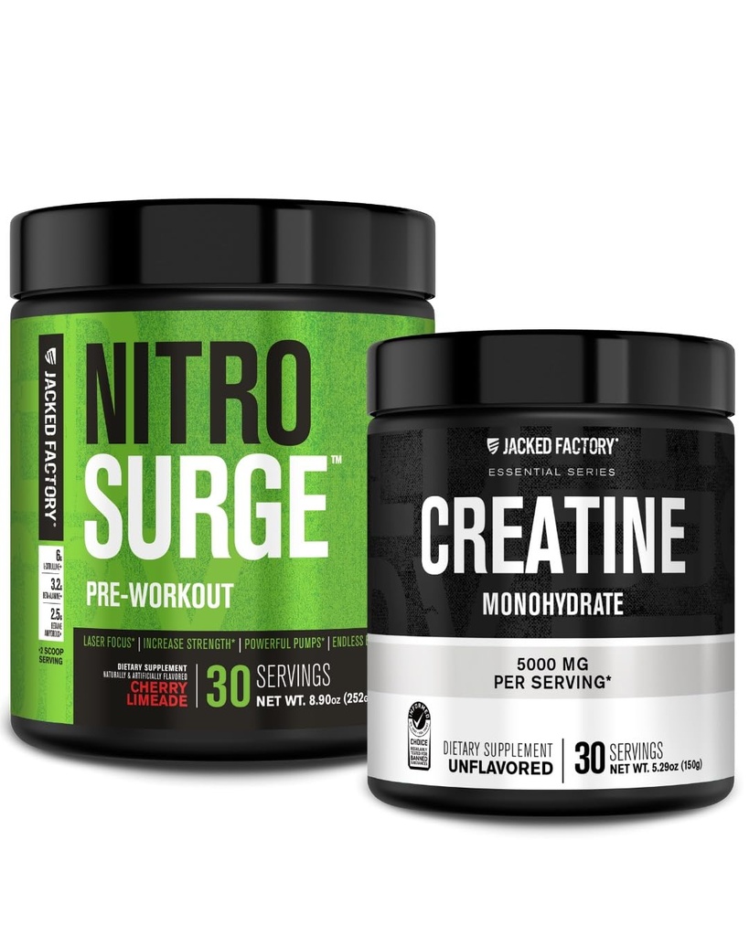 Jacked Factory NITROSURGE Pre Workout Supplement (Cherry Limeade) Kreatin-Monohydrat-Pulver (150g) für Muskelwachstum, erhöhte Stärke, verbesserte Energie