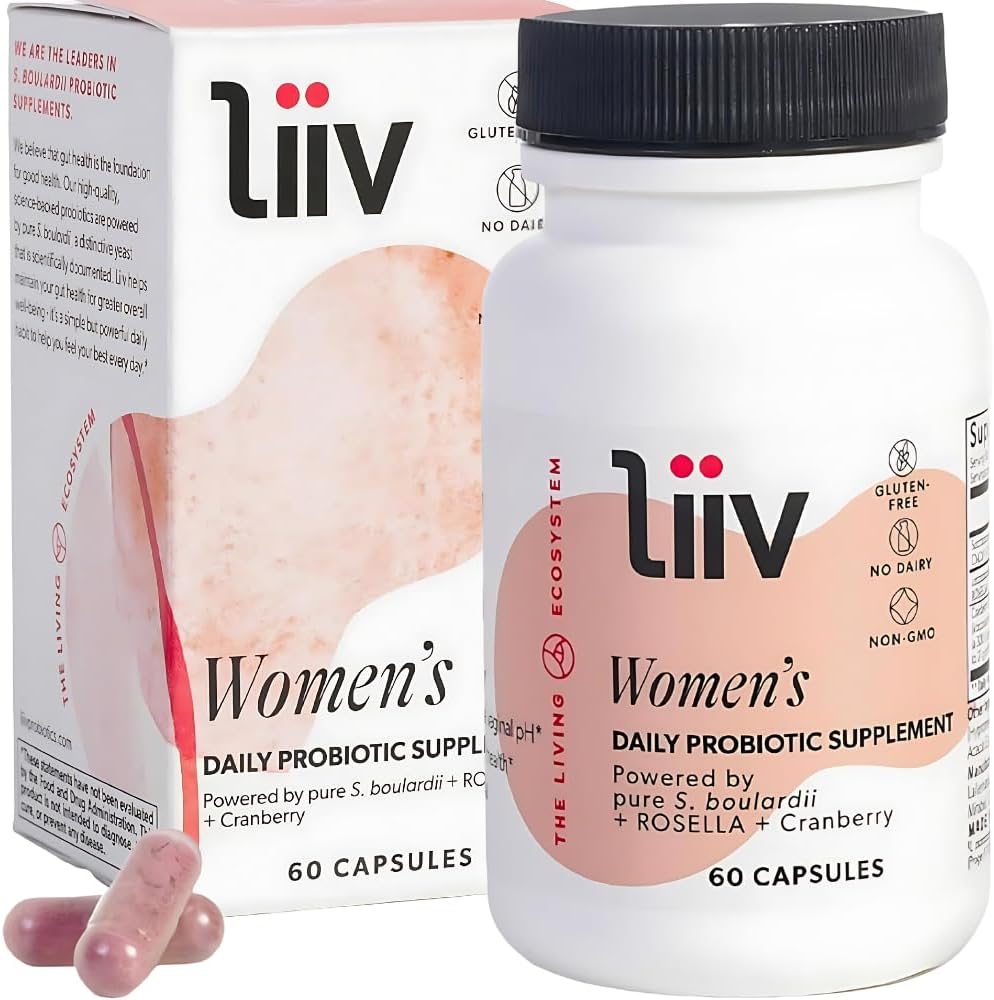 LiiV Probiotics Premium Women's Probiotic (60 Caps) Support Digestive Health Vaginal pH Balance & UT Support 3-in-1 Daily S boulardii Probiotic Blend