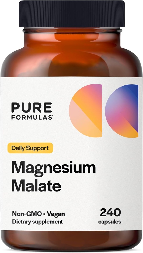 PureFormulas Magnesium Malat Kapseln - Chelat Magnesium als Di-Magnesium Malate - Hochverfügbare Form zur Unterstützung von Energie, Knochen Gesundheit + Muskel-Recovery, Malato de magnesio 360 mg - 240 Kapseln