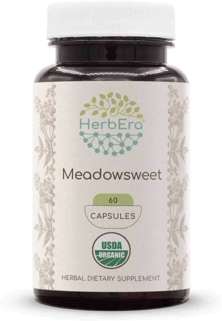 HerbEra Meadowsweet USDA Organic 60 Capsules | Natural Herbal Supplement | Certified Organic Vegetarian Capsules and Organic Meadowsweet (Filipendula ulmaria) Getrocknete Kräuter (60 Kapseln)