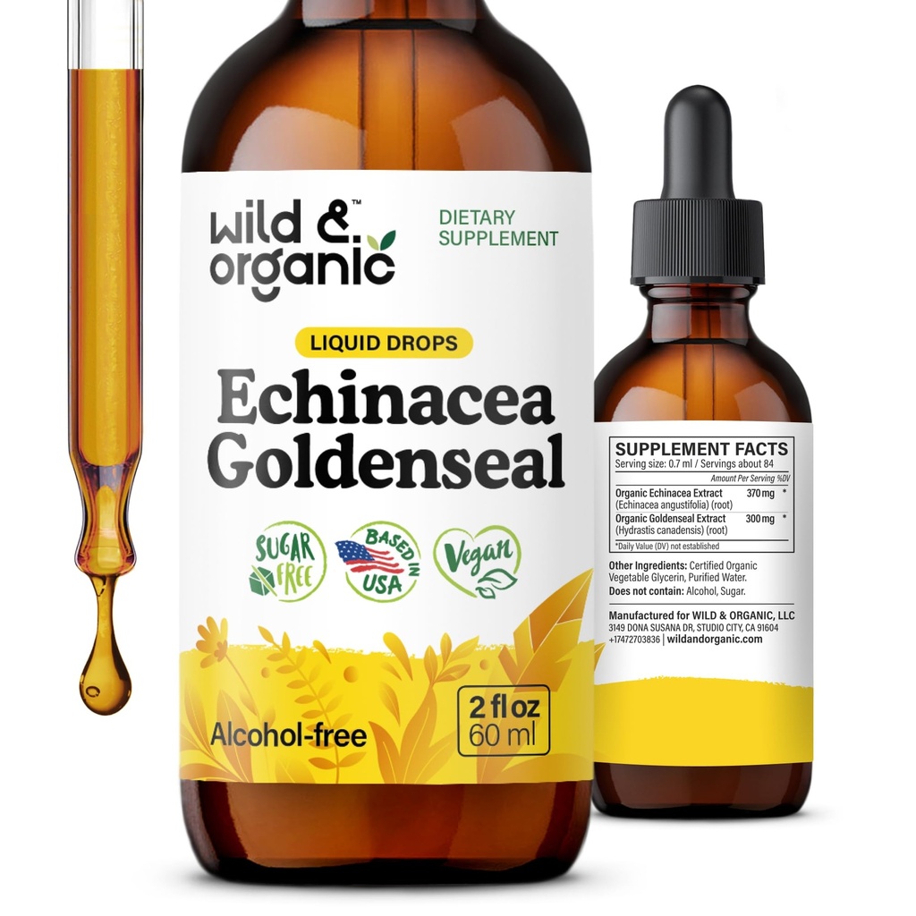 Wild & Organic Echinacea Goldenseal Liquid Drops - Immununterstützung Ergänzung w/Goldenseal Echinacea Root Extract - Vegan, Zucker & Alkoholfreie Tinktur - 2 oz