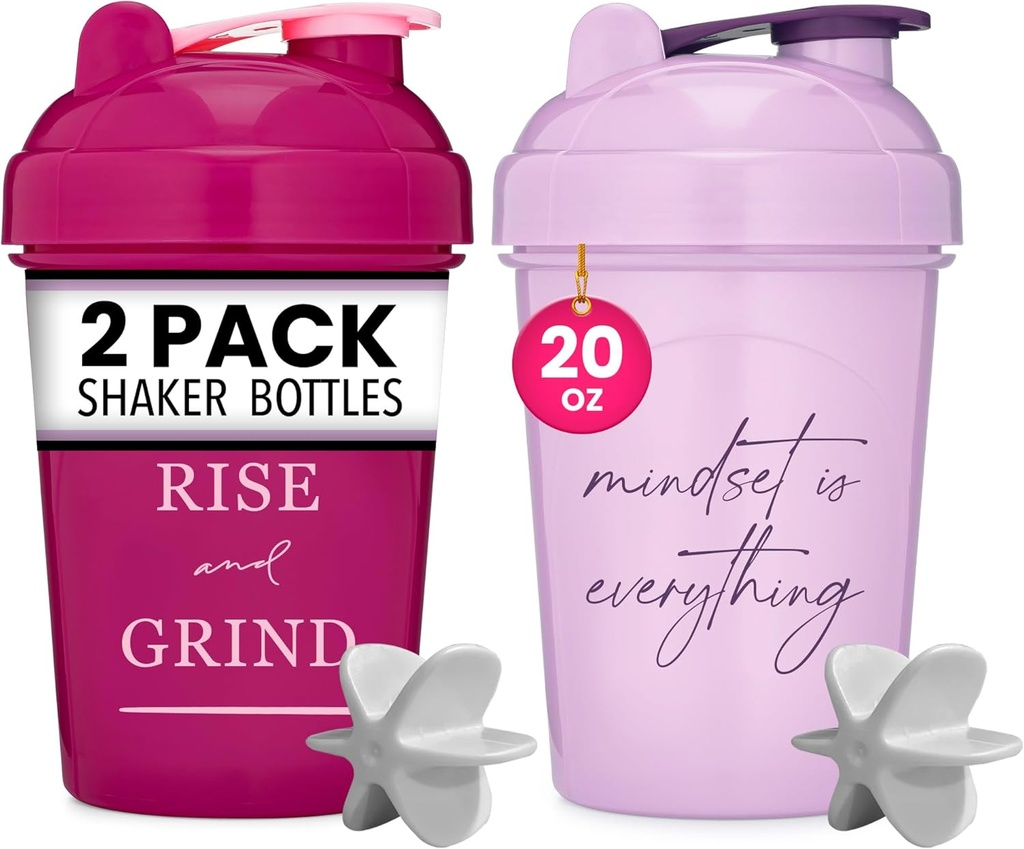 GOMOYO [2 Pack] 20oz Shaker Bottle mit Motivationsnotizen (Raspberry & Lavender) | Protein Bottle with Mixer Agitators | Blender Shaker Bottle for Protein Mixes Pack is BPA Free and Spülmaschine Safe