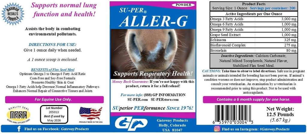 SU-PER Aller-G Atemschutzstütze für Pferde - Pferde Allergy-Ergänzungspulver für gesunde Immunsystem & Lung Unterstützung - Bekämpfung von Allergien und Umweltverschmutzung - 12.5 Pfund, 6 Monate Versorgung
