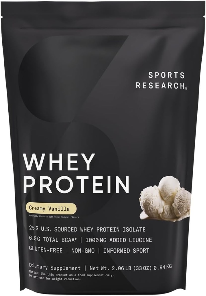 Sports Research Whey Protein Isolate - Sports Nutrition Protein Powder 25g per Serving - 2.1lb Bag Whey Protein - Vanilla Flavor - Bulk Protein Powder, 26 Servings