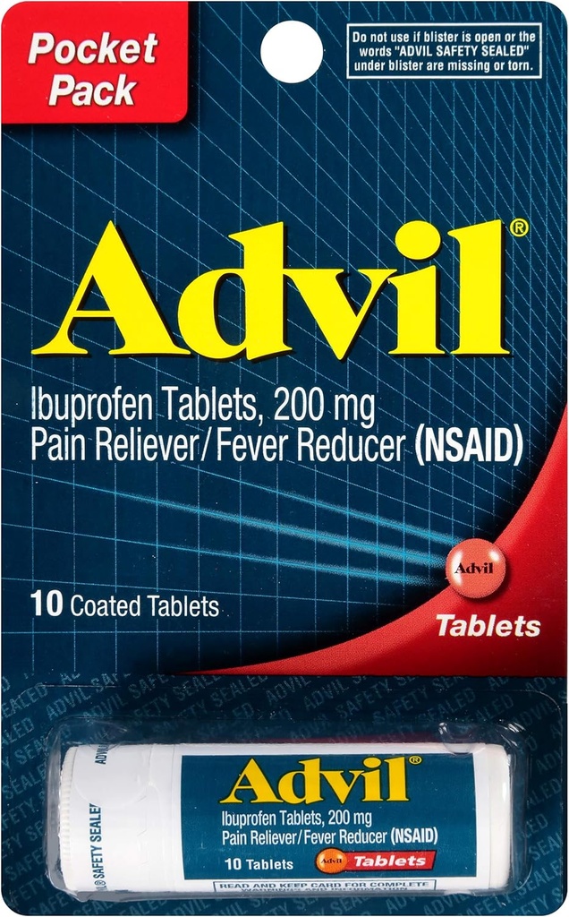 Advil Coated Tablets Pain Reliever and Fever Reducer, Ibuprofen 200mg, 12 x 10 Count, Travel Size Bottle
