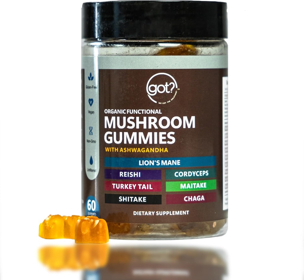 Mushroom Gummies Daily Supplement mit Ashwagandha - Lions Mane, Turkey Tail, Reishi, Cordyceps, Chaga - Mega 10 Blend Nootropic Organic Mushrooms - Energie, Fokus, Gedächtnis und Immununterstützung - 60ct