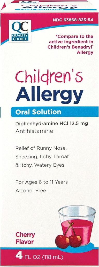 Quality Choice Children's Allergy Medicine, Non-Drowsy Liquid Antihistamine Solution. Alcohol Free Cherry Flavor Active Diphenhydramine for Cough, Runny Nose, Itching Eyes & Throat Relief 4 oz