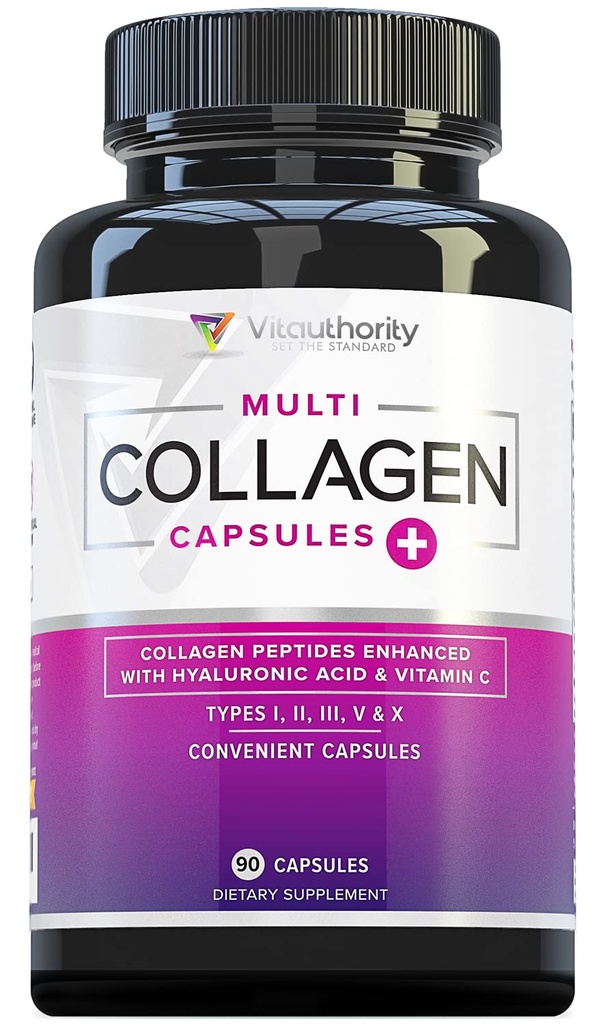Multi Collagen Peptide Kapseln für Frauen - hydrolysierte Kollagen für Frauen Pillen mit Arten I II III V & X Plus Vitamin C & Hyaluronsäure für schöne Haar Haut und Nägel - 30 Servierungen