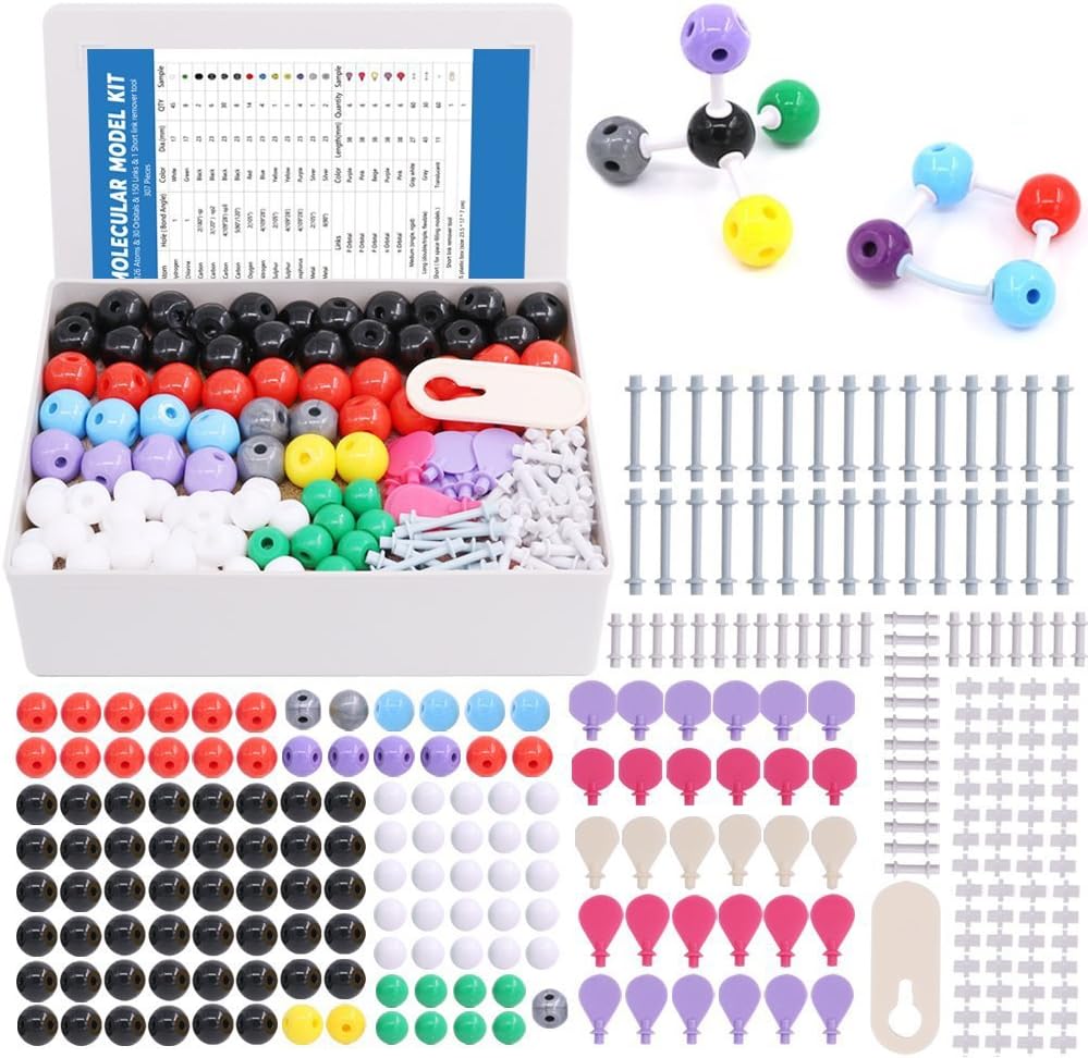 Swpeet 307 Pcs Molecular Model Kit für Organische und anorganische Chemie - Chemie Molekulares Modell Student and Teacher Set - 126 Atome & 30 Orbitals & 150 Links & 1 Short Link Remover Tool