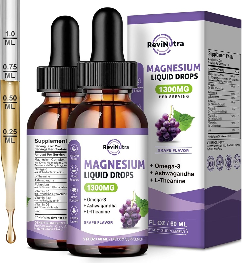 2 Pack Magnesium Flüssigkeitstropfen, Calm Magnesium Glycinate Flüssigkeitstropfen mit Taurat & Citrate, Kalium, Omega3, L-Theanin, Ashwagandha, D3, B6, B12 für Schlaf, Muskel, Herz, Zuckerfreies Trauben Geschmack