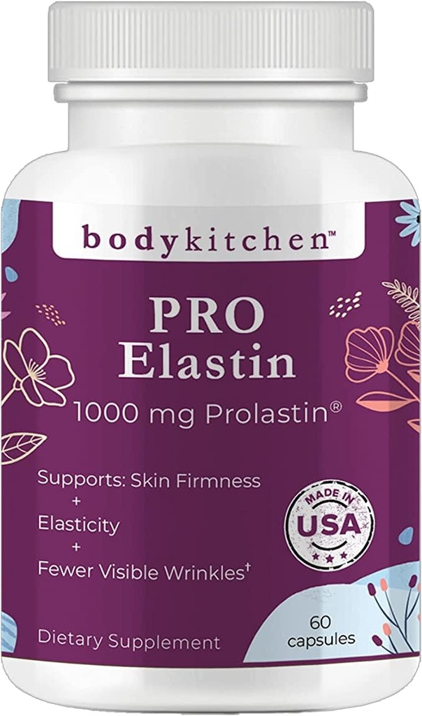 Body Kitchen Pro-Elastin, 1000 mg Elastin-Ergänzung, Hilfe Reduzieren Anzeichen von Alterung, Verbesserung der Hautgesundheit, Firmness & Elastin, Weniger Falten, Veggie Caps, (Pack von 1)