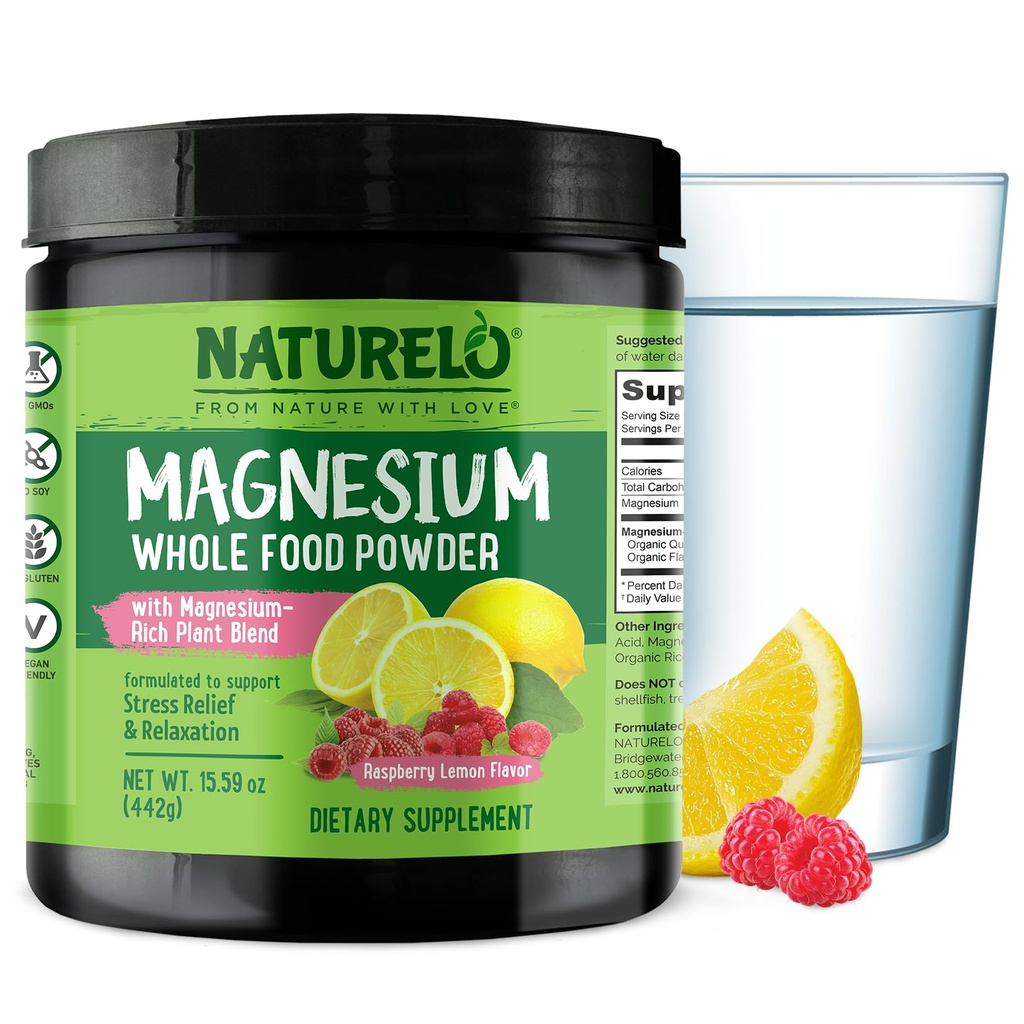 NATURELO Magnesium-Pulver - Ganzes Lebensmittel-Kalk Magnesium-Pulver mit Quinoa, Blumenkohl, & Flaxseed für Stress, Himbeere Zitronen 85 Servierungen, 15oz