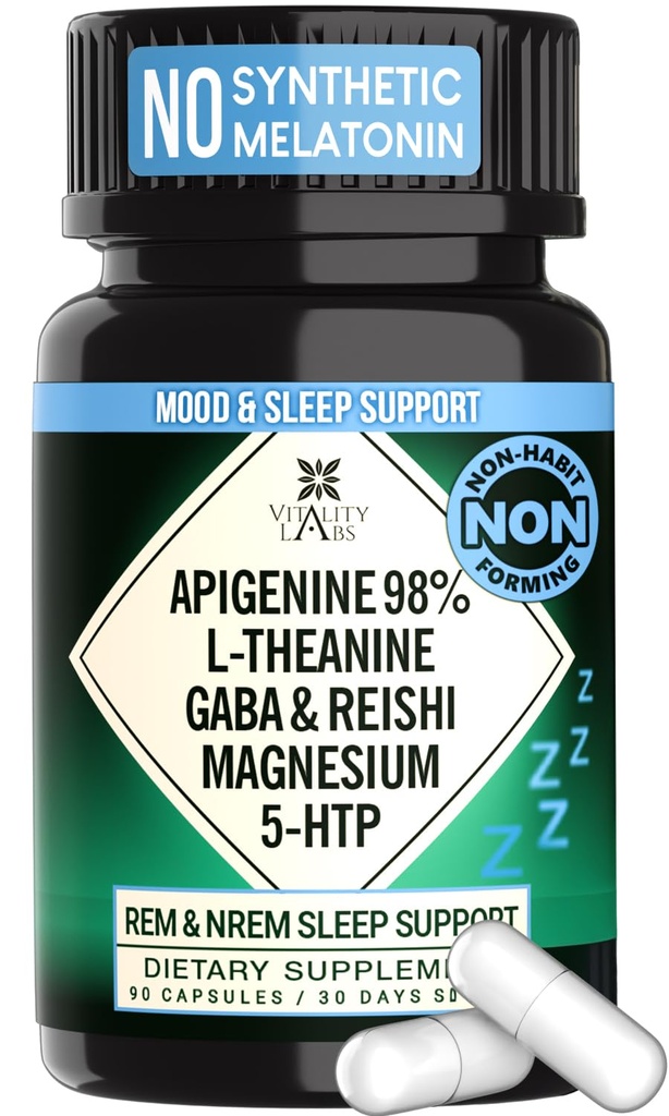 Natural Sleep Aid Supplement für Erwachsene ohne Melatonin - Non-Habit Forming Kräuterschlaf - GABA, L-Theanin, Reishi Pilz, Apigenin, Magnesium Glycinate, 5-HTP - 90 Vegan Kapseln
