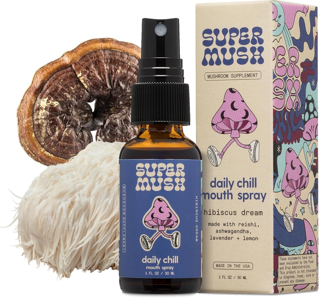 SuperMush Daily Chill Mouth Spray - Pilz-Spray-Ergänzung Reishi - Hibiscus & Ashwagandha gemischte Pilze Extrakt reine flüssige Sprays - Stress-Relief, Relaxing & Calming - 30ml Bio Lion's Mane