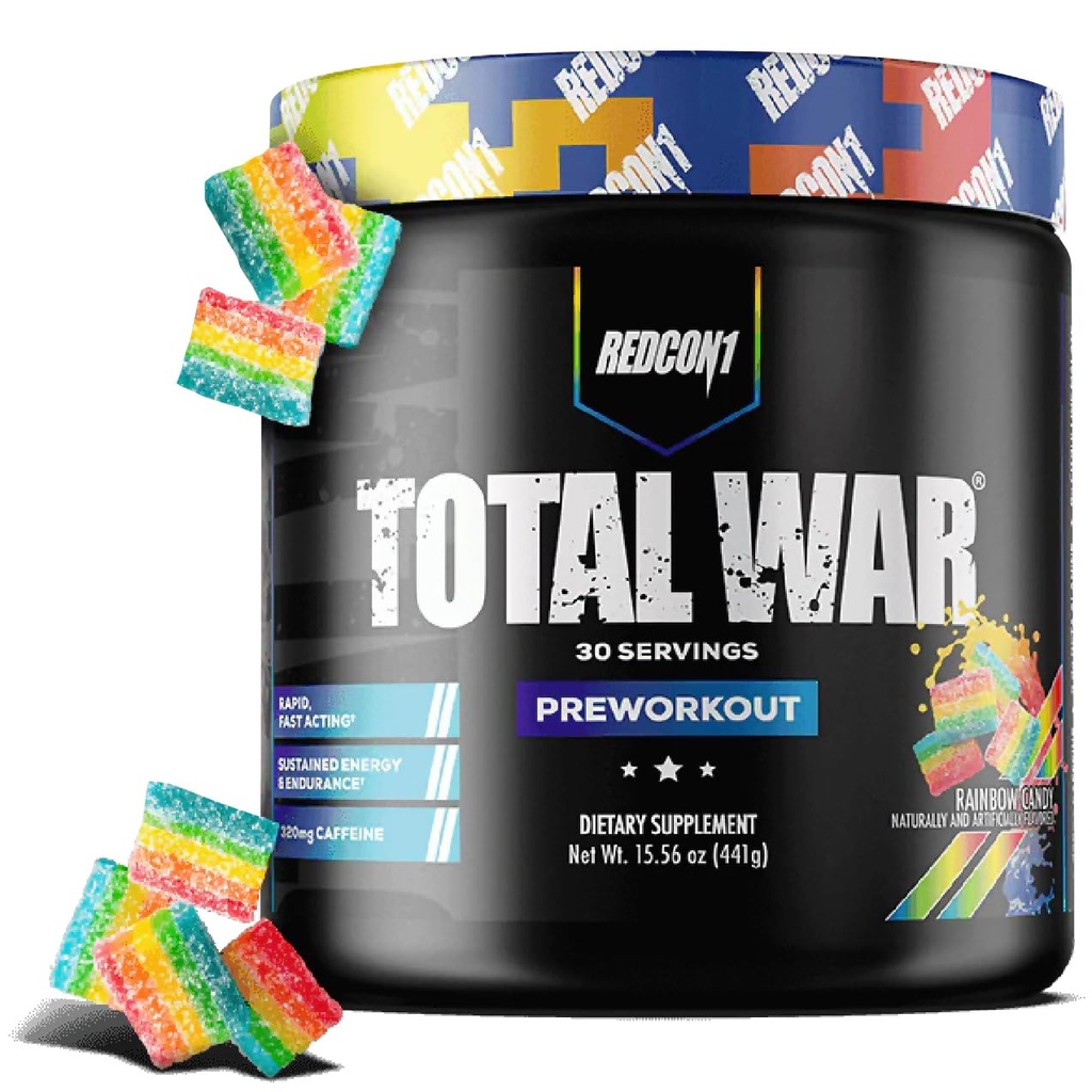 REDCON1 Total War Pre Workout, Rainbow Candy, L Citrulline, Malic Acid, Green Tea Leaf Extract für Pump Boosting Pre Workout für Damen und Herren - 3.2g Beta Alanine, um Auspuff zu reduzieren, 30 Servierungen