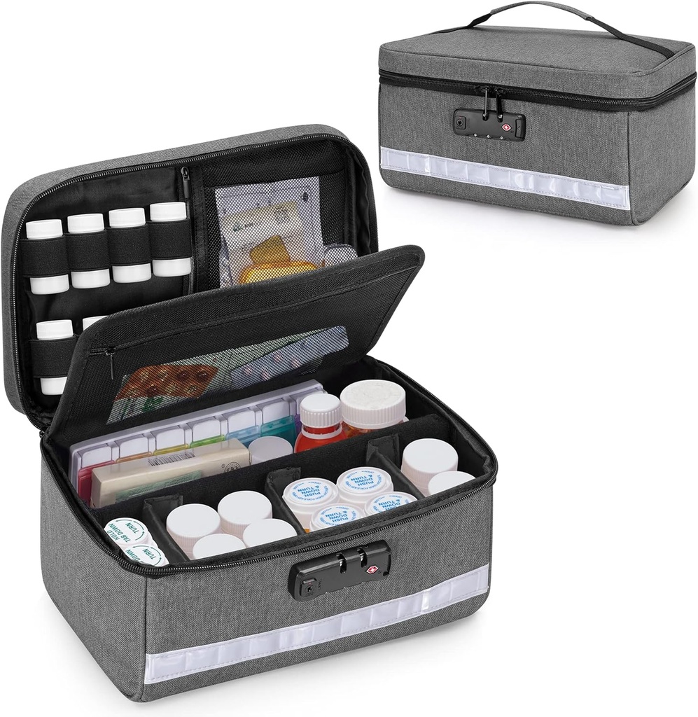 Damero Locking Pill Bottle Organizer mit Innere Dividers, Medizin Aufbewahrung und Organizer Tasche Kombinationsschloss für Medizin, Vitamine und medizinische Versorgung, Grau