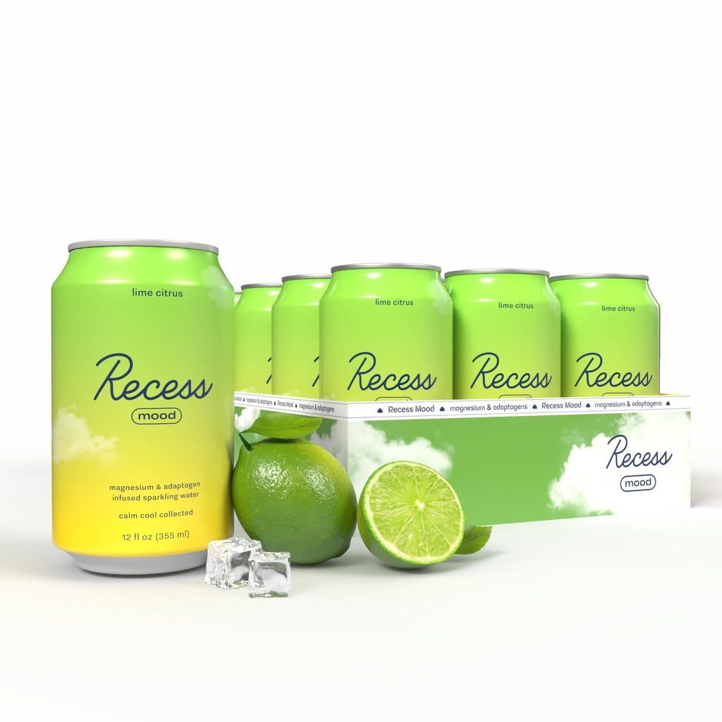 Recess Mood Magnesium & Adaptogen Getränk, Relaxation Getränke, 12 Unzen (Lime Citrus, 12 Packung)