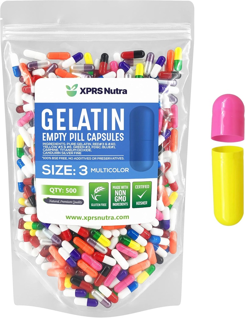 XPRS Nutra Size 3 Empty Capsules - 500 Count Empty Gelatin Capsules - Pills DIY Capsule Filling - Pure Bovine Pill Gel Caps Fillable Do-It-Yourself Vitamins and Supplements (Multi Color)