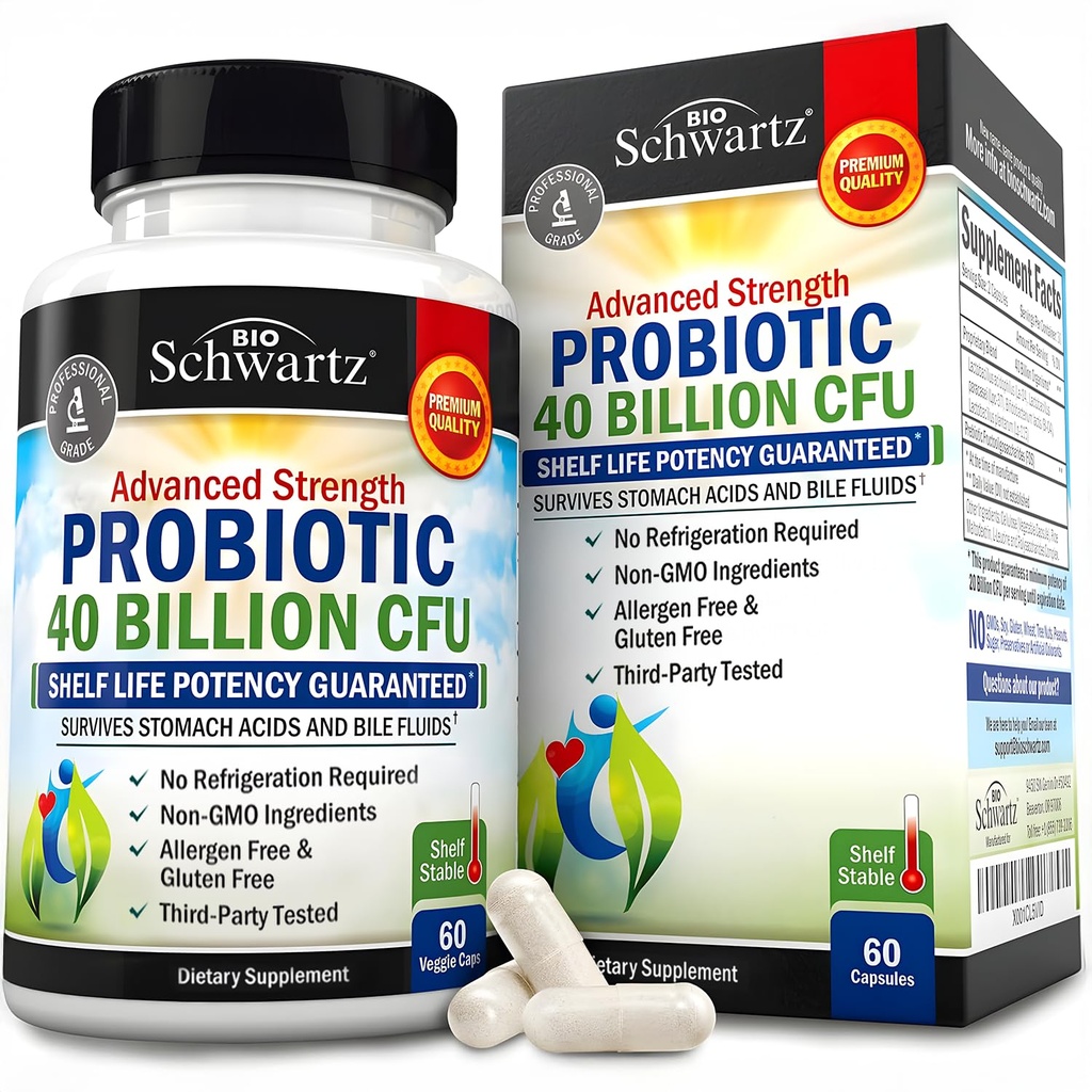 BioSchwartz Daily Probiotic Nutritional Supplement - 40 Billion CFU für Gut Health - Probiotika für Männer und Frauen - Verdauungsgesundheit mit Astragalus & Lactobacillus - Shelf Stable - 60 Count