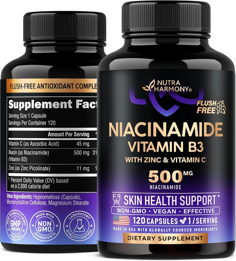 Niacinamid 500 mg - Vitamin B3 Flush-freie Form Niacinamid-Ergänzung - Gesunde klare Haut und Antioxidante Unterstützung - mit Zink & Vitamin C - Lab getestet, Vegan & NON-GMO - Made in USA - 120 Kapseln