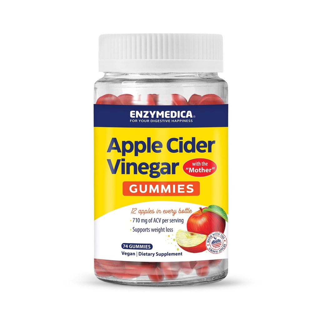 Enzymedica, Apfelessiggummis, Hergestellt mit der Mutter, 12 Bio, USA-Grown Äpfel pro Flasche,[c][d] 1000 mcg Vitamin B12 pro Servieren, Natürlicher Apfel, 74 Zähler