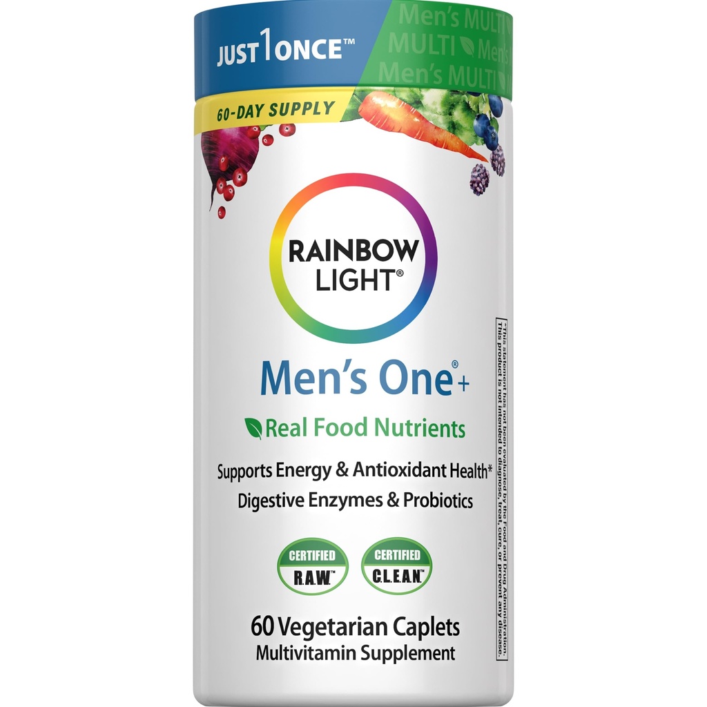 Rainbow Light Mens One Multivitamin, Men's Daily Multivitamin bietet hochfeste Immununterstützung, mit Vitamin C, Vitamin D und Zink, Vegetarisch, 60 Zähler