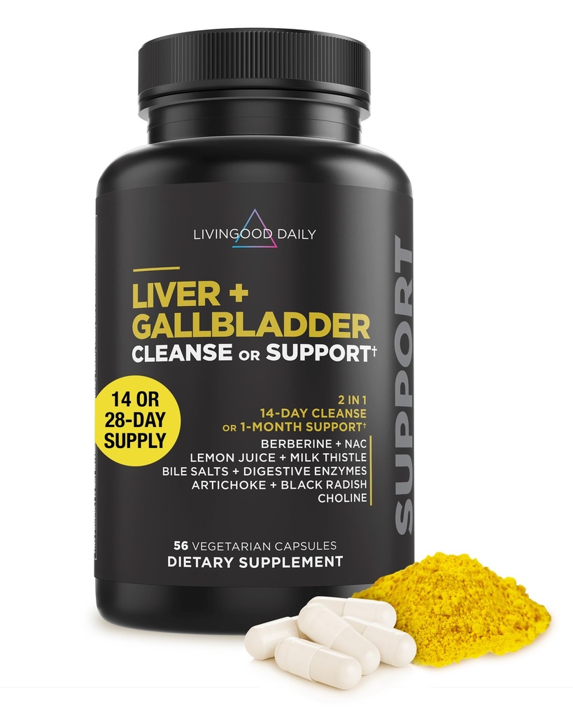 Livingood Daily Liver & Gallbladder Cleanse or Support Supplement with Milk Thistle, Ox Bile, Bile Salts, Digestive Enzymes and Artichoke Leaf Extract, Digestive Health & Liver Support, 56 Capsules