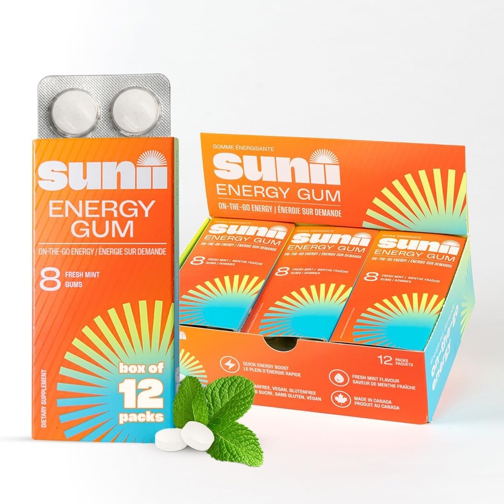 Sunii - Energy Gum - NEW Quick Boost Energy & Focus - 50mg Koffein Gum -Vitamine B6 & B12, Taurine, Vegan, kein Zucker, Zero Calorie, Frischer Mint Geschmack - Schneller als Chews, Getränke, Gels & Pills (96pcs)
